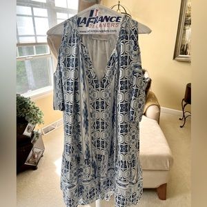 Worn once!  Amanda Uprichard size M silk, cold shoulder dress in blues and white